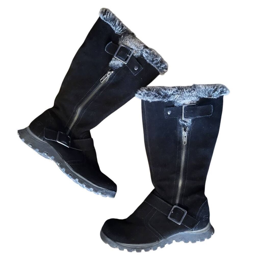 Skechers Boots Women's 6 Black Suede Leather Grand Jam Alpine Way Buckle Fur